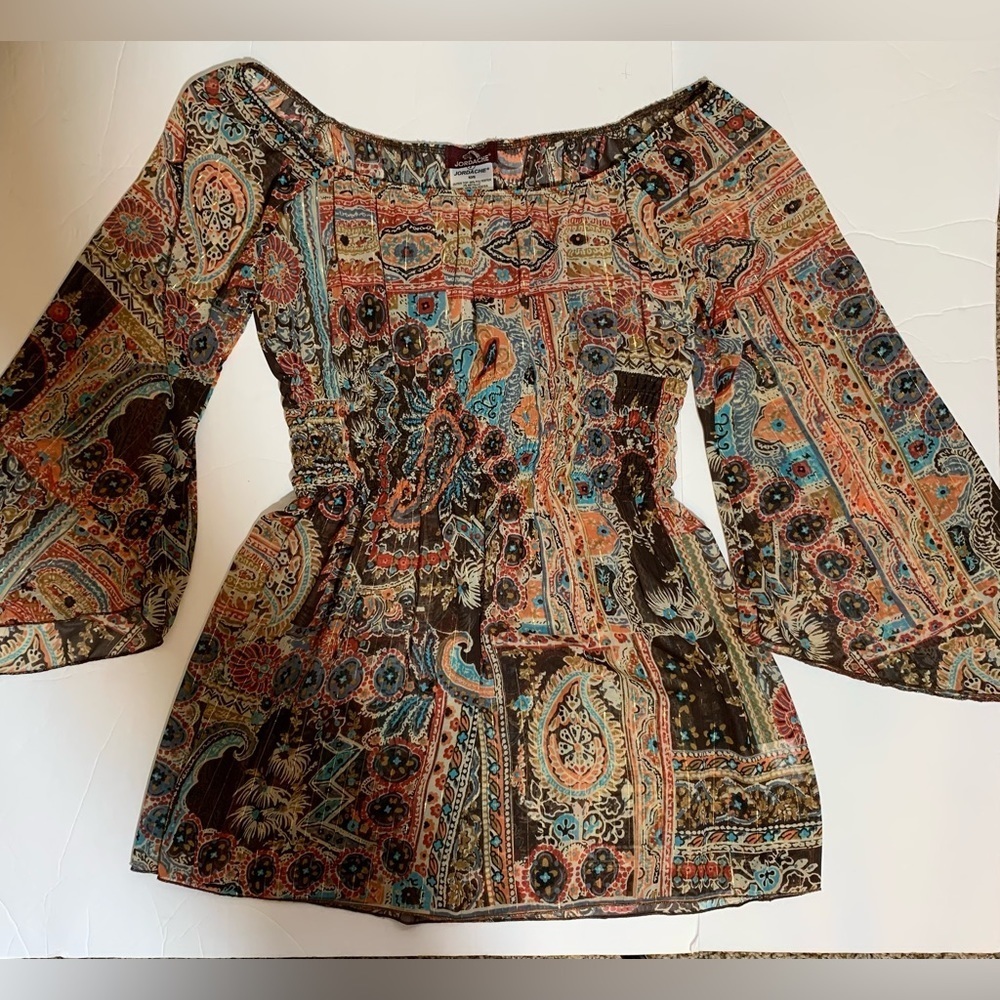 VTG Jordache Boho Sz Sm, Sheer Artsy Top with off shoulder & Bat Wing Sleeves - Picture 3 of 7